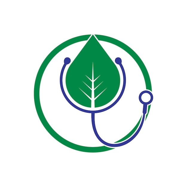 Diseño de logotipo de vector de estetoscopio de salud Estetoscopio con diseño de vector de icono de hoja