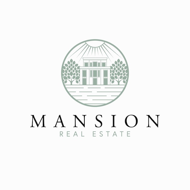 Diseño de logotipo de vector inmobiliario de mansión casa moderna y árboles logotipo abstracto inmobiliaria