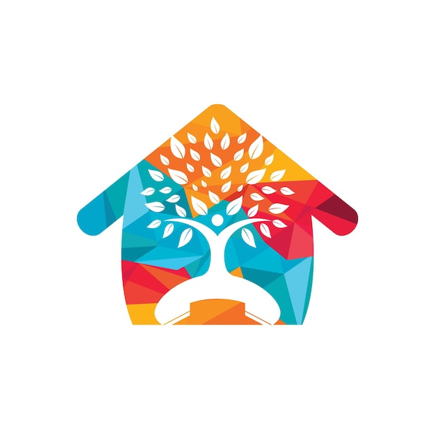 Diseño de logotipo de vector de llamada de naturaleza Auricular y árbol humano con plantilla de diseño de icono de forma de hogar