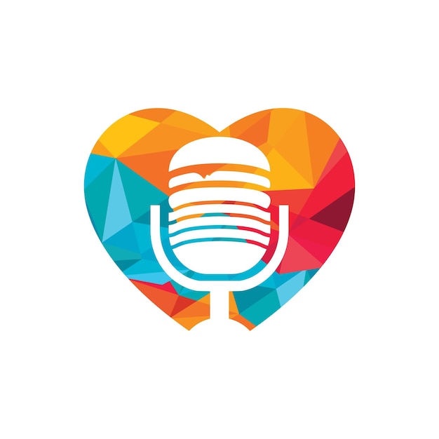 Diseño de logotipo de vector de podcast de alimentos Hamburguesa y micrófono con diseño de icono de forma de corazón