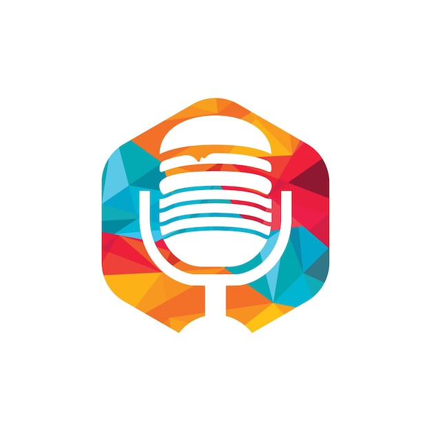 Diseño de logotipo de vector de podcast de comida hamburguesa con diseño de icono de micrófono