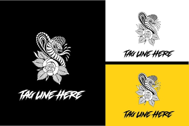 Diseño de logotipo de vector de serpiente y flor en blanco y negro