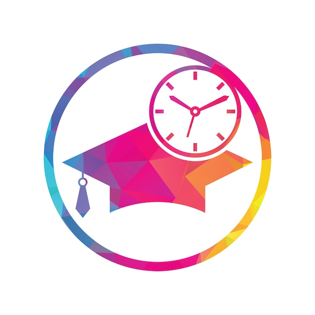 Diseño del logotipo del vector de tiempo de estudio Sombrero de graduación con diseño de icono de reloj
