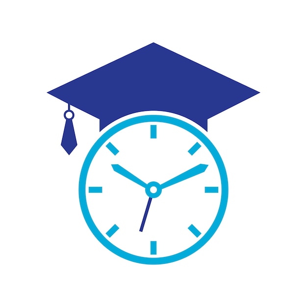 Diseño del logotipo del vector de tiempo de estudio. Sombrero de graduación con diseño de icono de reloj.