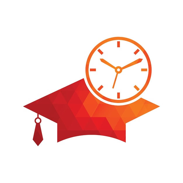 Diseño del logotipo del vector de tiempo de estudio. Sombrero de graduación con diseño de icono de reloj.