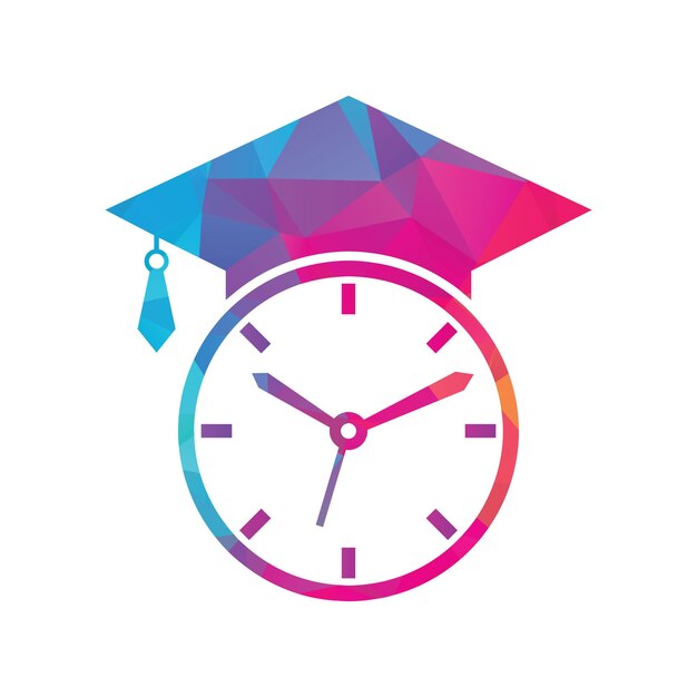 Diseño del logotipo del vector de tiempo de estudio. Sombrero de graduación con diseño de icono de reloj.