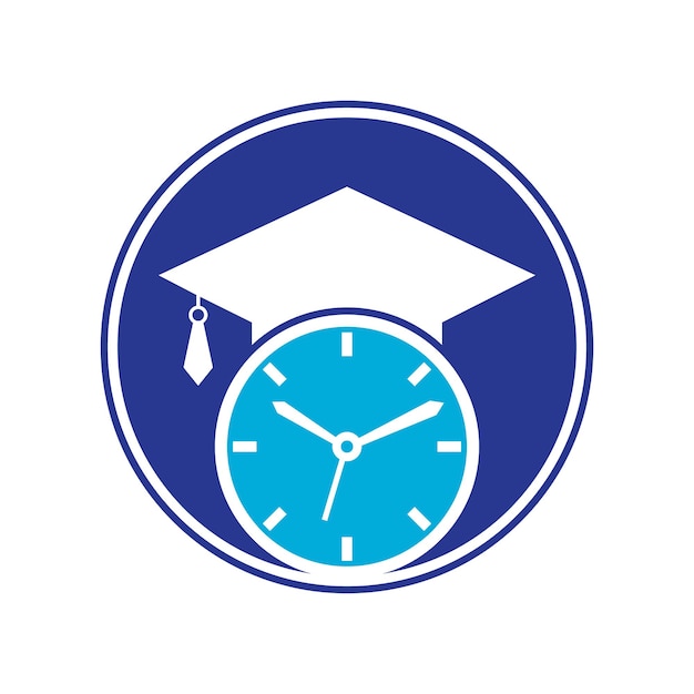Diseño del logotipo del vector de tiempo de estudio Sombrero de graduación con diseño de icono de reloj
