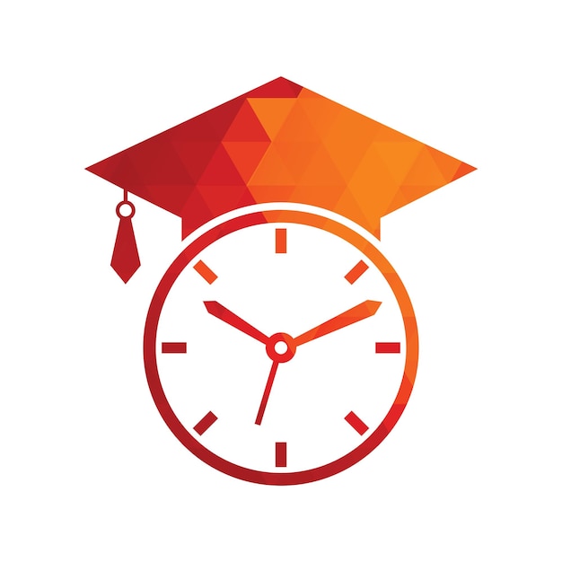 Diseño del logotipo del vector de tiempo de estudio. Sombrero de graduación con diseño de icono de reloj