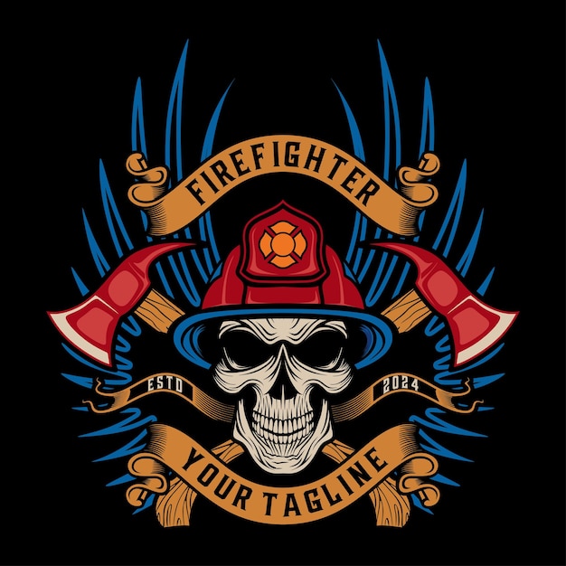 Diseño del logotipo vectorial de bomberos Casco de cráneo y elementos de hacha para bomberos