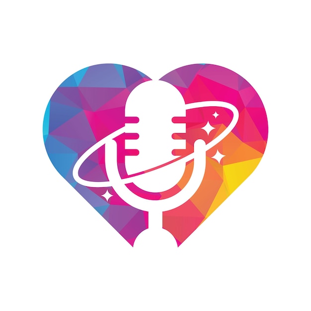 Diseño de logotipo vectorial de concepto de forma de corazón de planeta de podcast Diseño de logotipo de podcast de espacio creativo.