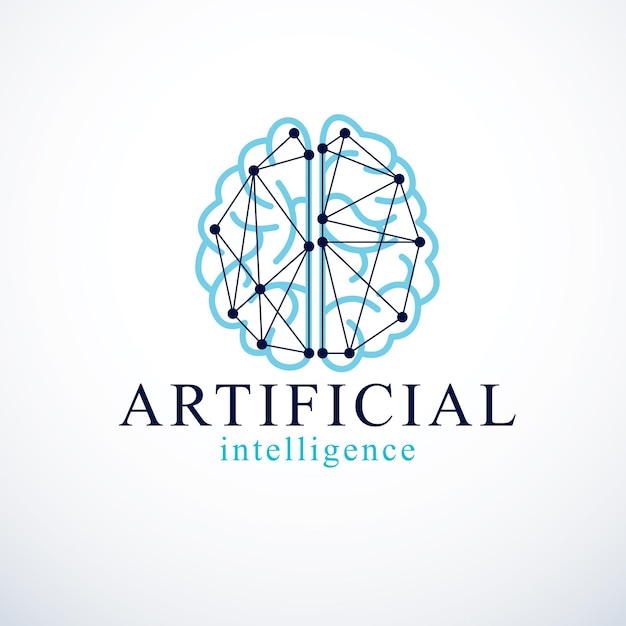 Diseño de logotipo vectorial de concepto de inteligencia artificial. Cerebro anatómico humano con icono de elementos de tecnología electrónica. Software inteligente, idea futurista de máquinas inteligentes y programas informáticos.