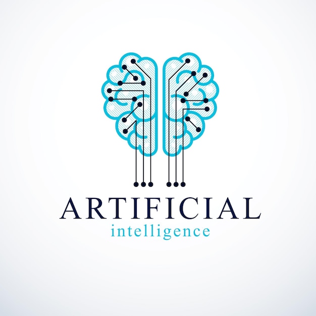 Vector diseño de logotipo vectorial de concepto de inteligencia artificial. cerebro anatómico humano con icono de elementos de tecnología electrónica. software inteligente, idea futurista de máquinas inteligentes y programas informáticos.