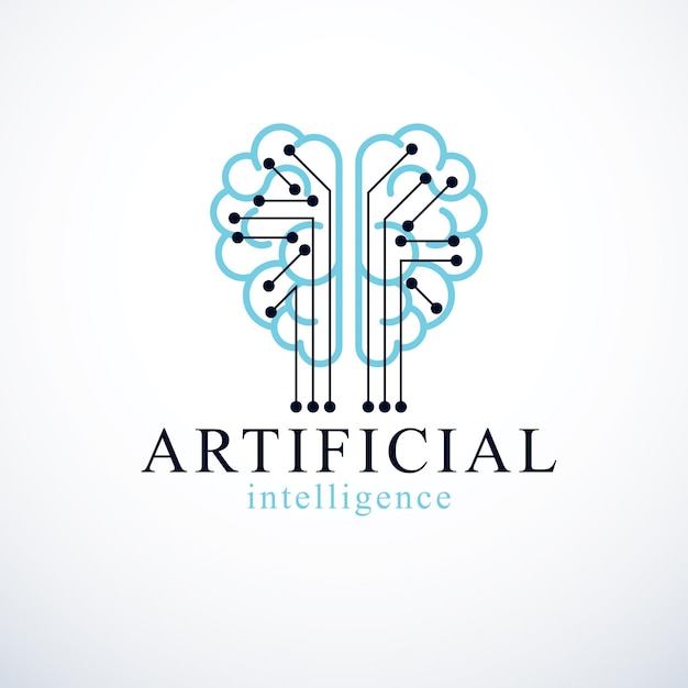 Diseño de logotipo vectorial de concepto de inteligencia artificial. Cerebro anatómico humano con icono de elementos de tecnología electrónica. Software inteligente, idea futurista de máquinas inteligentes y programas informáticos.