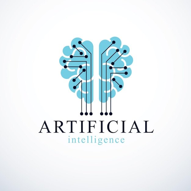 Diseño de logotipo vectorial de concepto de inteligencia artificial. cerebro anatómico humano con icono de elementos de tecnología electrónica. software inteligente, idea futurista de máquinas inteligentes y programas informáticos.