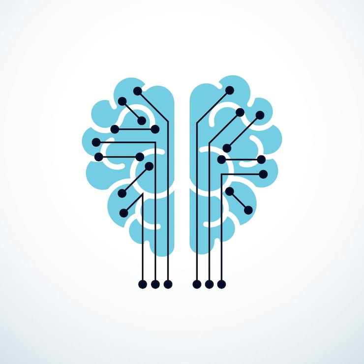 Vector diseño de logotipo vectorial de concepto de inteligencia artificial, mente digital e inteligencia. cerebro anatómico humano dentro de la bombilla con icono de elementos de tecnología electrónica. software inteligente, idea futurista.