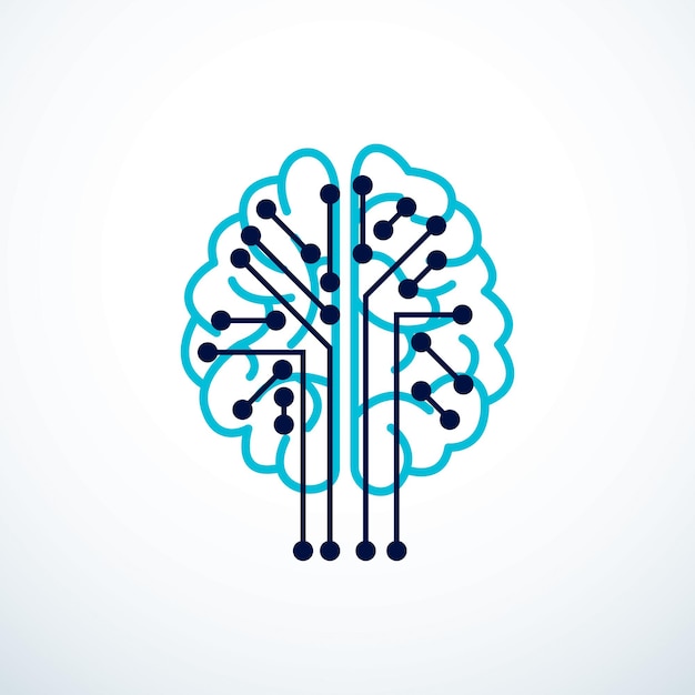 Diseño de logotipo vectorial de concepto de inteligencia artificial, mente digital e inteligencia. Cerebro anatómico humano dentro de la bombilla con icono de elementos de tecnología electrónica. Software inteligente, idea futurista.