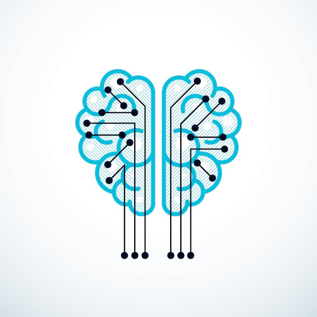 Diseño de logotipo vectorial de concepto de inteligencia artificial, mente digital e inteligencia. Cerebro anatómico humano dentro de la bombilla con icono de elementos de tecnología electrónica. Software inteligente, idea futurista.