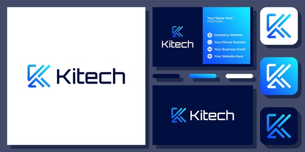 Diseño de logotipo vectorial de conexión moderna digital con tecnología de letra inicial k con tarjeta de visita