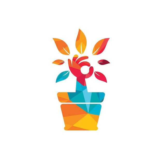 Diseño de logotipo vectorial de jardín ecológico Árbol de mano con diseño de icono de florero