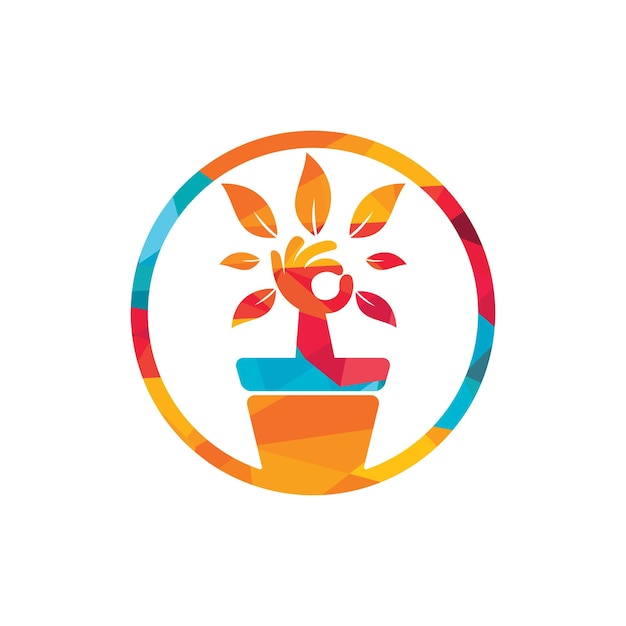 Diseño de logotipo vectorial de jardín ecológico Árbol de mano con diseño de icono de florero