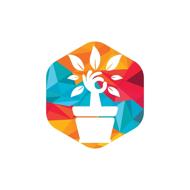 Diseño de logotipo vectorial de jardín ecológico Árbol de mano con diseño de icono de florero