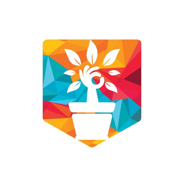 Diseño de logotipo vectorial de jardín ecológico Árbol de mano con diseño de icono de florero