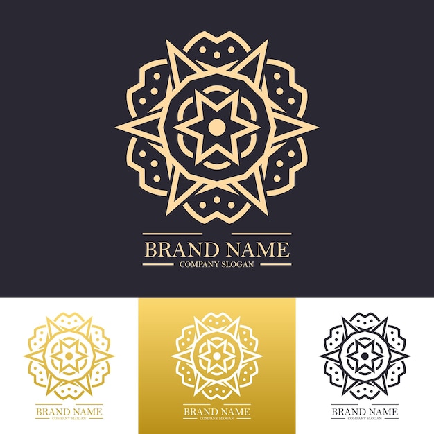 Diseño de logotipo vectorial de lujo con color dorado y estrella mandala retorcida o concepto de arte de línea floral