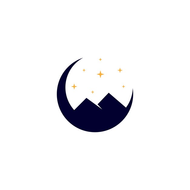 Diseño de logotipo vectorial de luna creciente con paisaje montañoso decorado con estrellas