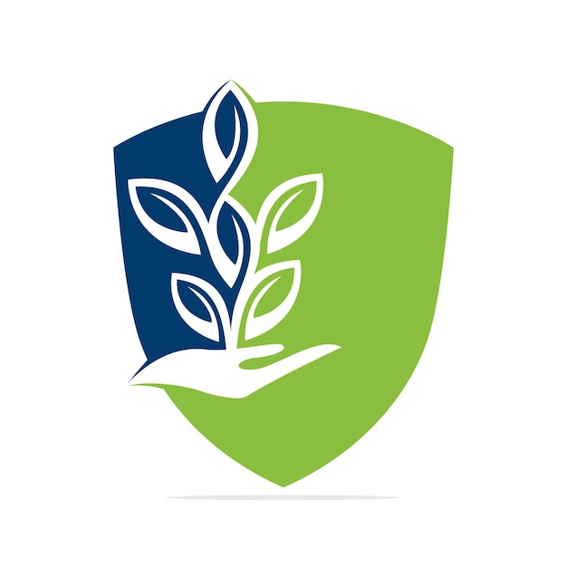Diseño de logotipo vectorial de planta en mano Productos naturales en forma de escudo Cosméticos y logotipo de spa