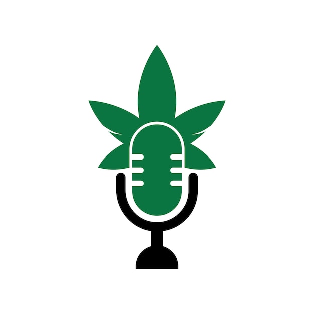 Diseño de logotipo vectorial de podcast de cannabis. Logotipo de podcast con plantilla de vector de hoja de cannabis.