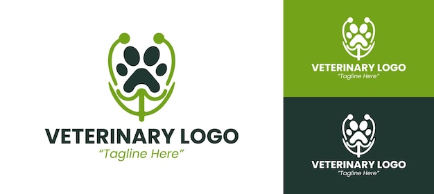 Diseño de logotipo veterinario profesional con icono verde y tipografía limpia para clínicas veterinarias