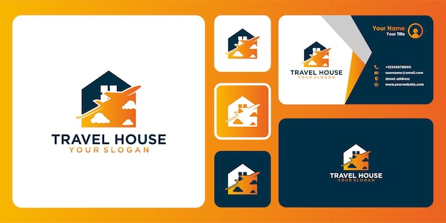 Vector diseño de logotipo de viaje con casa y tarjeta de visita.