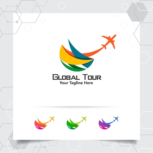Diseño de logotipo de viaje con concepto de icono de avión y símbolo de globo