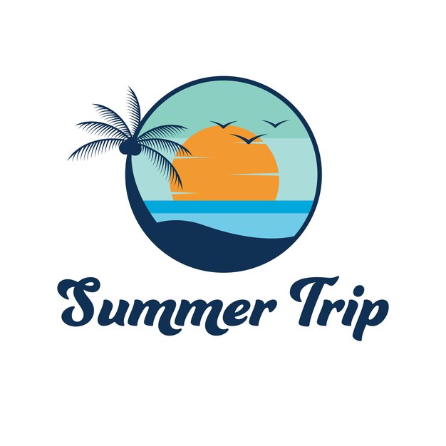Diseño de logotipo de viaje de verano Logotipo tropical de paisaje de isla Logotipo de viaje de sol de palma y océano
