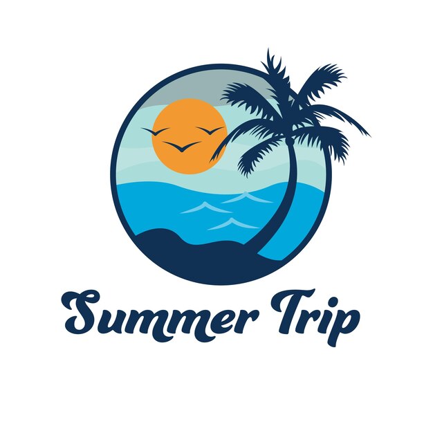 Diseño de logotipo de viaje de verano Logotipo tropical de paisaje de isla Logotipo de viaje de sol de palma y océano