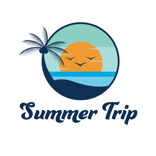 Diseño de logotipo de viaje de verano Logotipo tropical de paisaje de isla Logotipo de viaje de sol de palma y océano