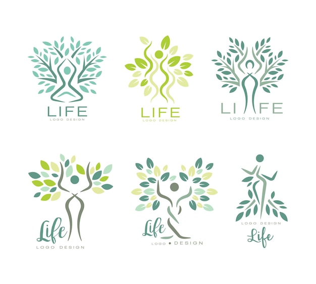Diseño de logotipo de vida con silueta humana como árbol con un conjunto vectorial de corona de hojas exuberantes