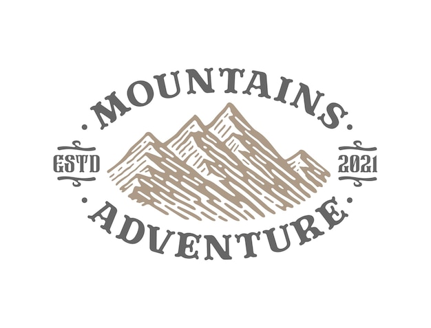 Diseño de logotipo vintage de montaña y aventura al aire libre aislado