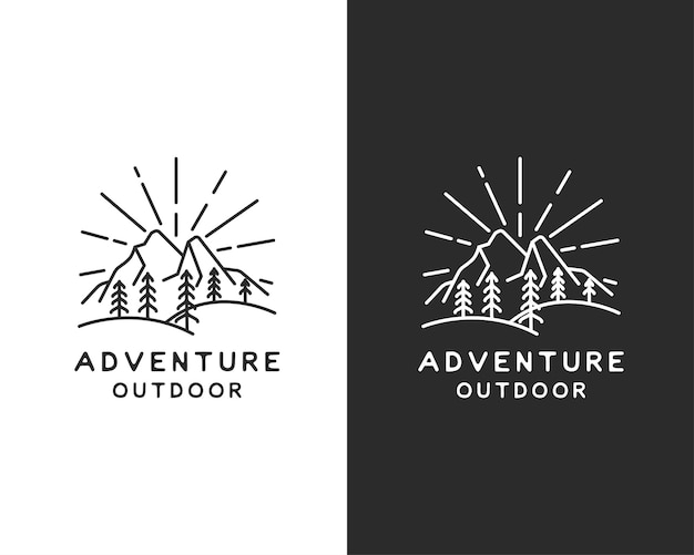 Diseño de logotipo vintage retro sunrise mountain forest nature evergreen tree para outdoor adventure club