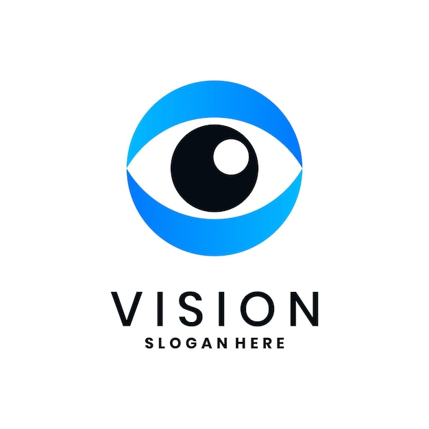 Diseño del logotipo de la visión con el símbolo abstracto del ojo en un círculo de gradiente azul