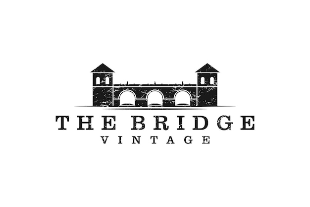 Diseño de logotipo de vista de silueta de puente y paisaje de río vintage