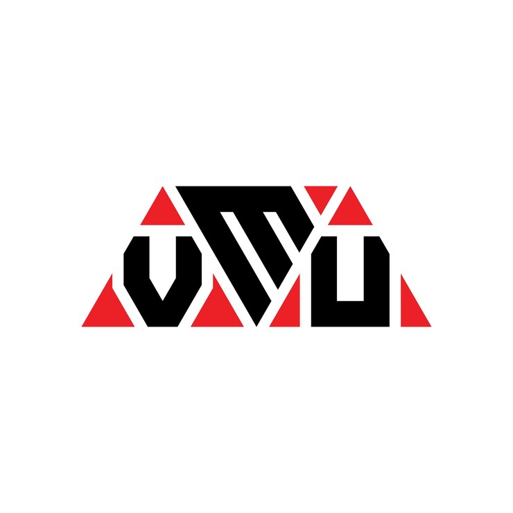 Vector el diseño del logotipo de vmu con letras triangulares en forma de triángulo, el diseño del monograma del logotipo del triángulo de vmu, la plantilla del logotipo vectorial de vmu en color rojo, el logotipo triangular de vmu simple, elegante y lujoso.