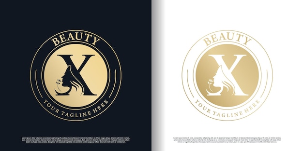 Diseño de logotipo x inicial con icono de mujer de belleza y vector premium de concepto creativo
