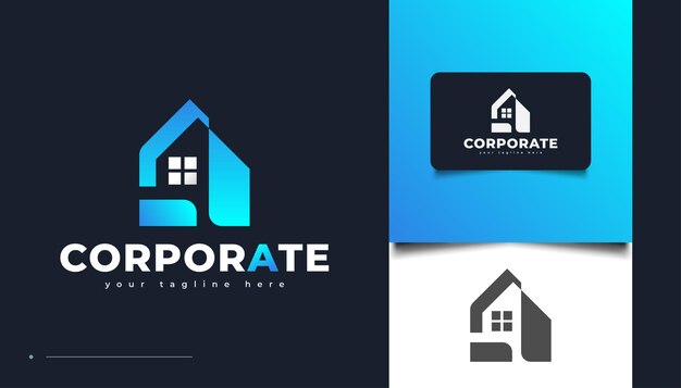 Diseño de logotipos inmobiliarios limpios y minimalistas en degradado azul. diseño de logo de construcción, arquitectura o edificio