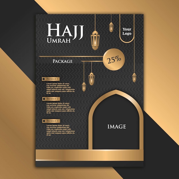 Vector el diseño lujoso y elegante del folleto oro negro con el tema de hajj ayuda a que la publicidad se vuelva más atractiva.