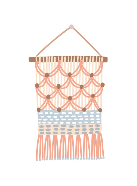 Diseño de macramé, decoración para colgar en la pared con ilustración de vector de flecos de hilo. Combinaciones de medios enganches. Boho, decoración casera étnica hecha a mano del arte del nudo aislada en el fondo blanco.