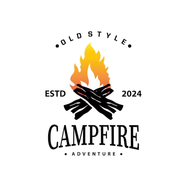 Diseño de madera y fuego logotipo fogata fogata vectorial acampada aventura ilustración vintage