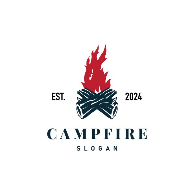 Diseño de madera y fuego logotipo fogata fogata vectorial acampada aventura ilustración vintage