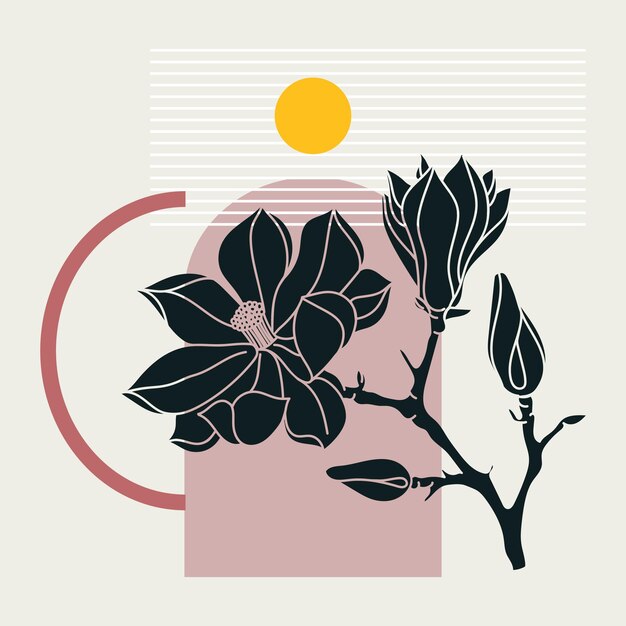 Diseño de magnolia de estilo collage. Ilustración abstracta de moda con elementos florales y geométricos