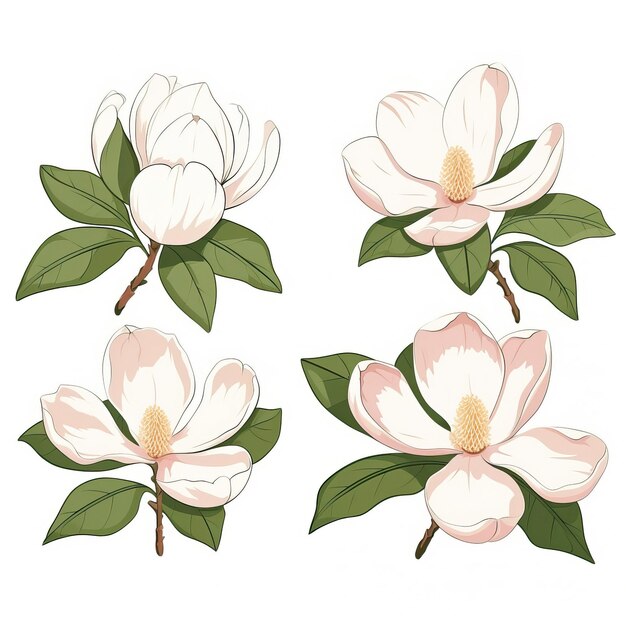 Vector diseño de magnolias vectoriales planas sobre fondo blanco